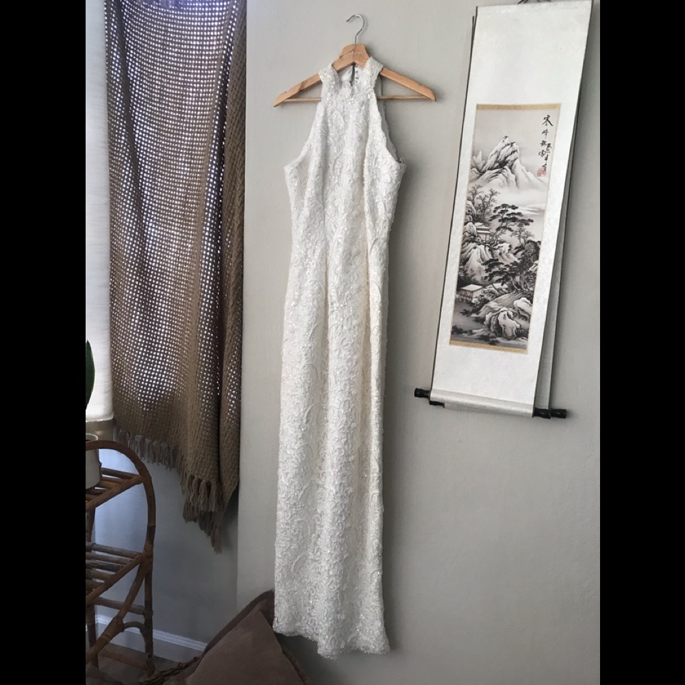 Gloria Vanderbilt halter beaded wedding dress